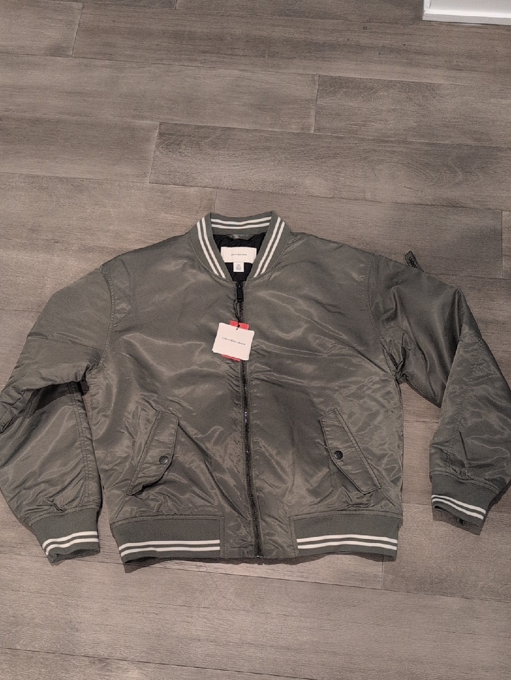 Calvin Klein Jeans Olive Green Bomber Jacket with Stripe Trim